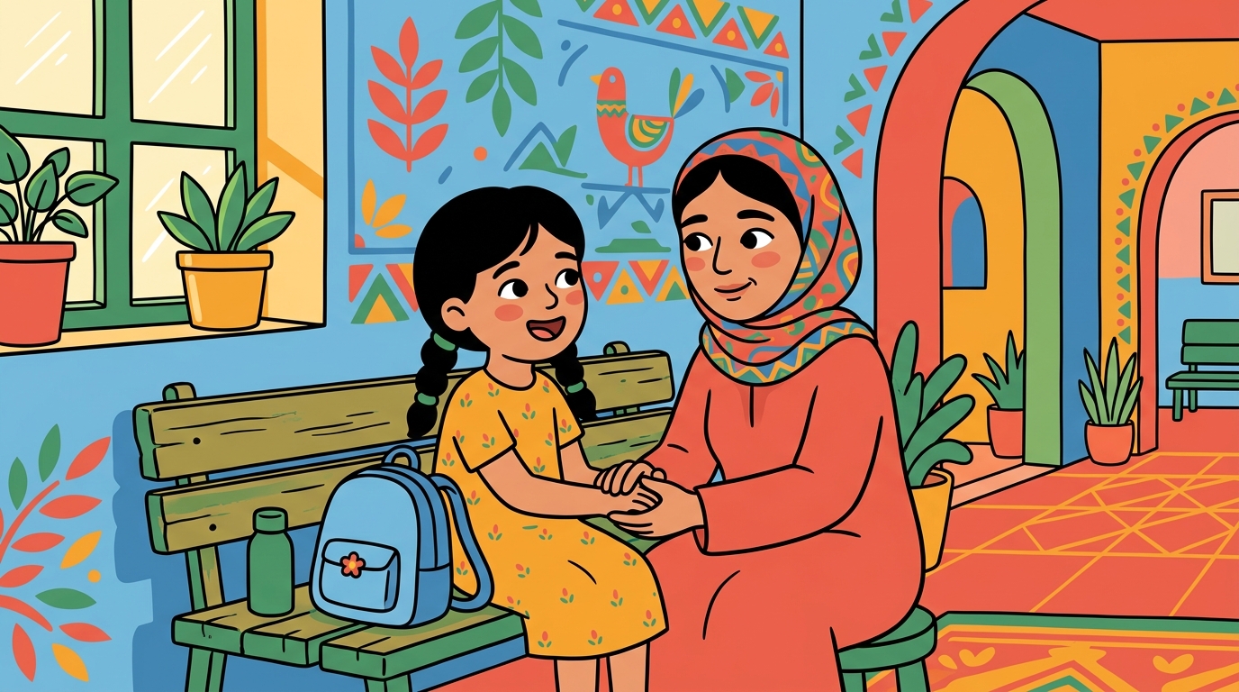 Nour, assise avec sa maman qui l'écoute attentivement et avec bienveillance, tenant sa main, ambiance rassurante et chaleureuse.