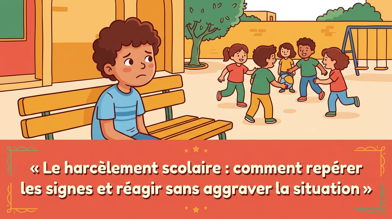 Yassine, assis seul sur un banc de la cour de récréation, regarde tristement un groupe d'enfants qui jouent un peu plus loin sans lui.