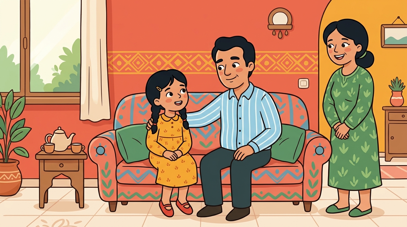 Nour et son papa discutent calmement assis côte à côte, la maman souriant avec bienveillance après un aveu honnête de sa fille.