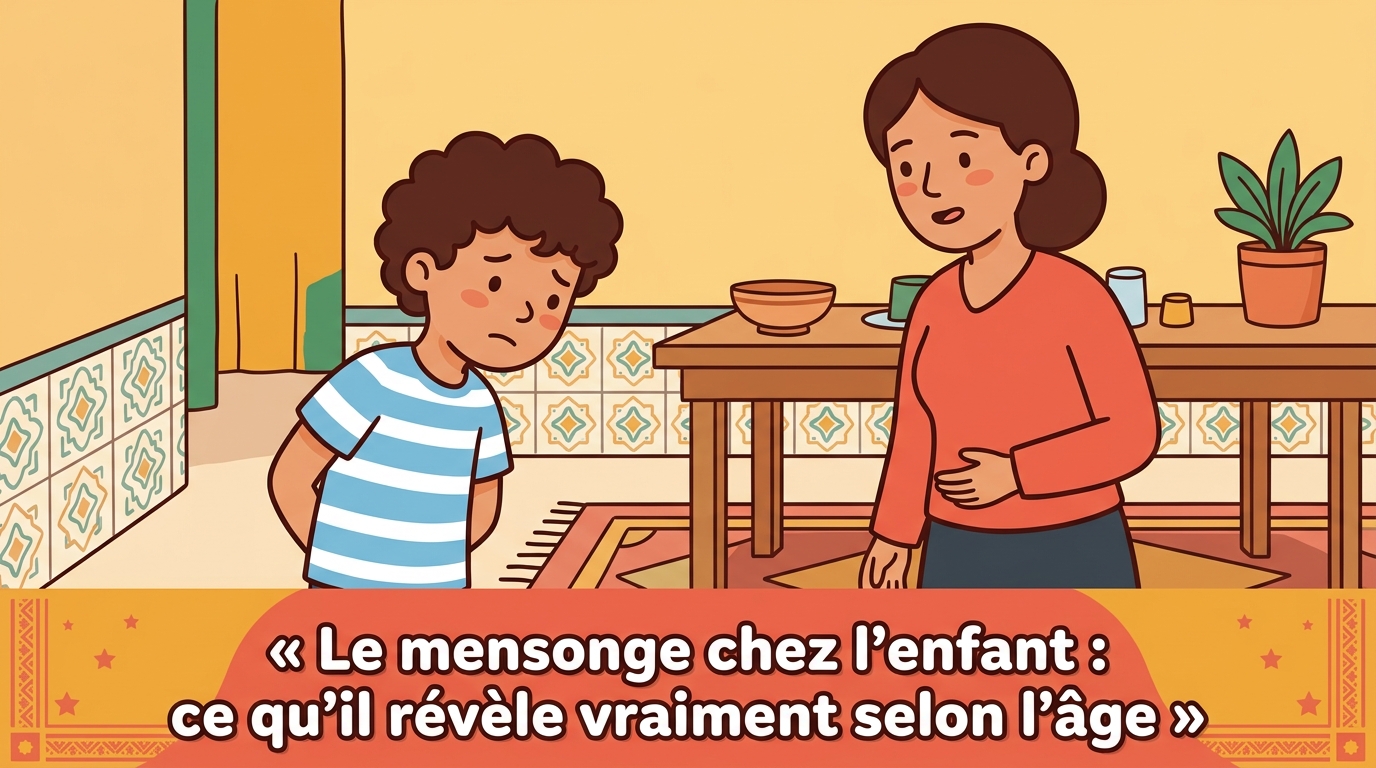 Yassine, les mains derrière le dos et un air gêné, regarde ailleurs face à sa maman qui lui pose une question, expression coupable.
