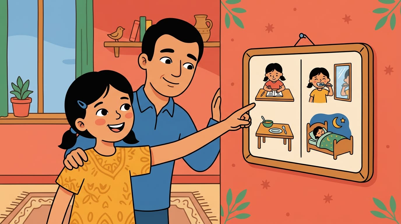 Nour et son père choisissent ensemble, sur un petit tableau, l'ordre des tâches du soir parmi deux options proposées.