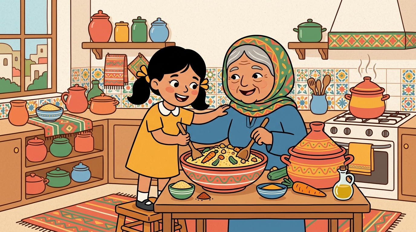 Nour et sa grand-mère cuisinent ensemble un plat traditionnel, toutes deux souriantes et concentrées, ambiance conviviale et affectueuse.