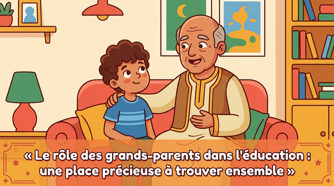 Yassine, assis avec son grand-père, écoute attentivement une histoire que celui-ci lui raconte, ambiance chaleureuse et complice.