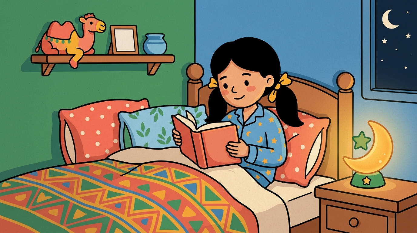 Nour, dans son lit avec une veilleuse douce, lit tranquillement avant de dormir, ambiance calme et sereine propice au sommeil.