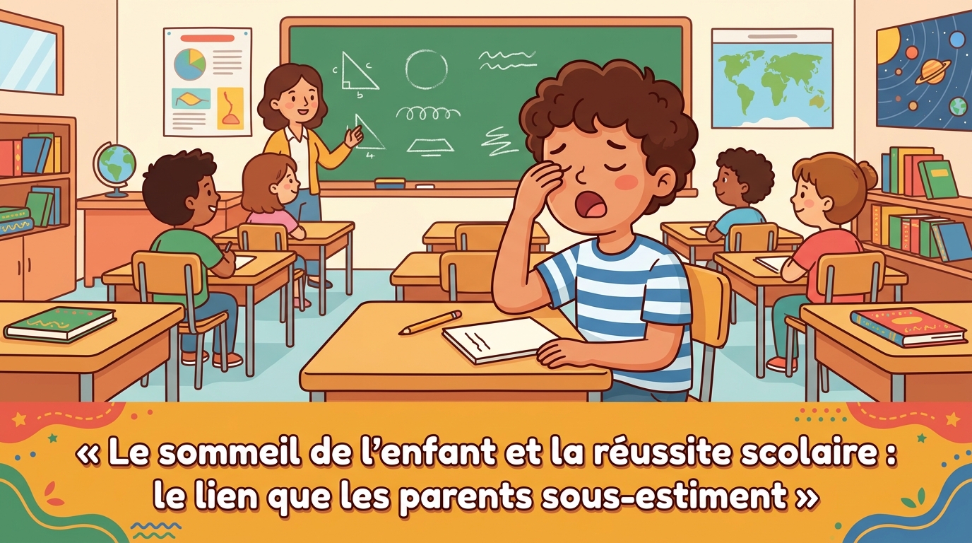 Yassine, à son bureau en classe, bâille en se frottant les yeux, visiblement fatigué, pendant que la leçon continue autour de lui.