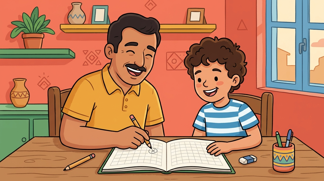 Yassine et son papa rient ensemble en regardant un exercice avec une petite erreur corrigée au crayon, ambiance détendue et bienveillante.