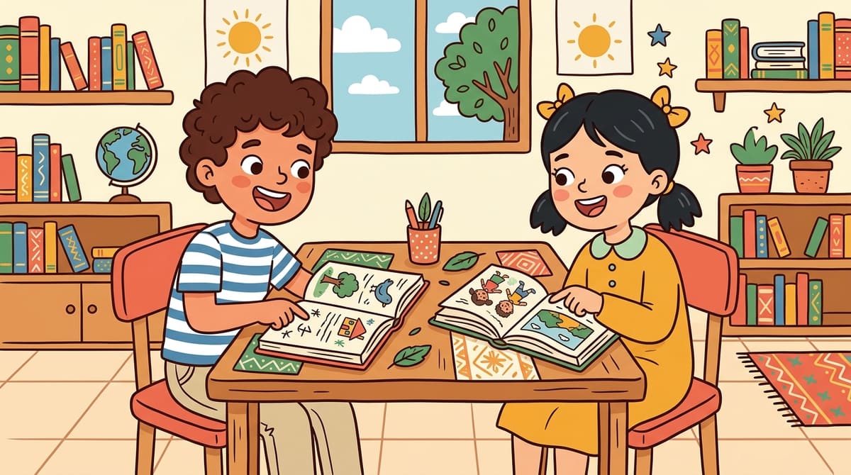 Yassine et Nour comparent deux livres ouverts côte à côte, pointant du doigt les passages compris.