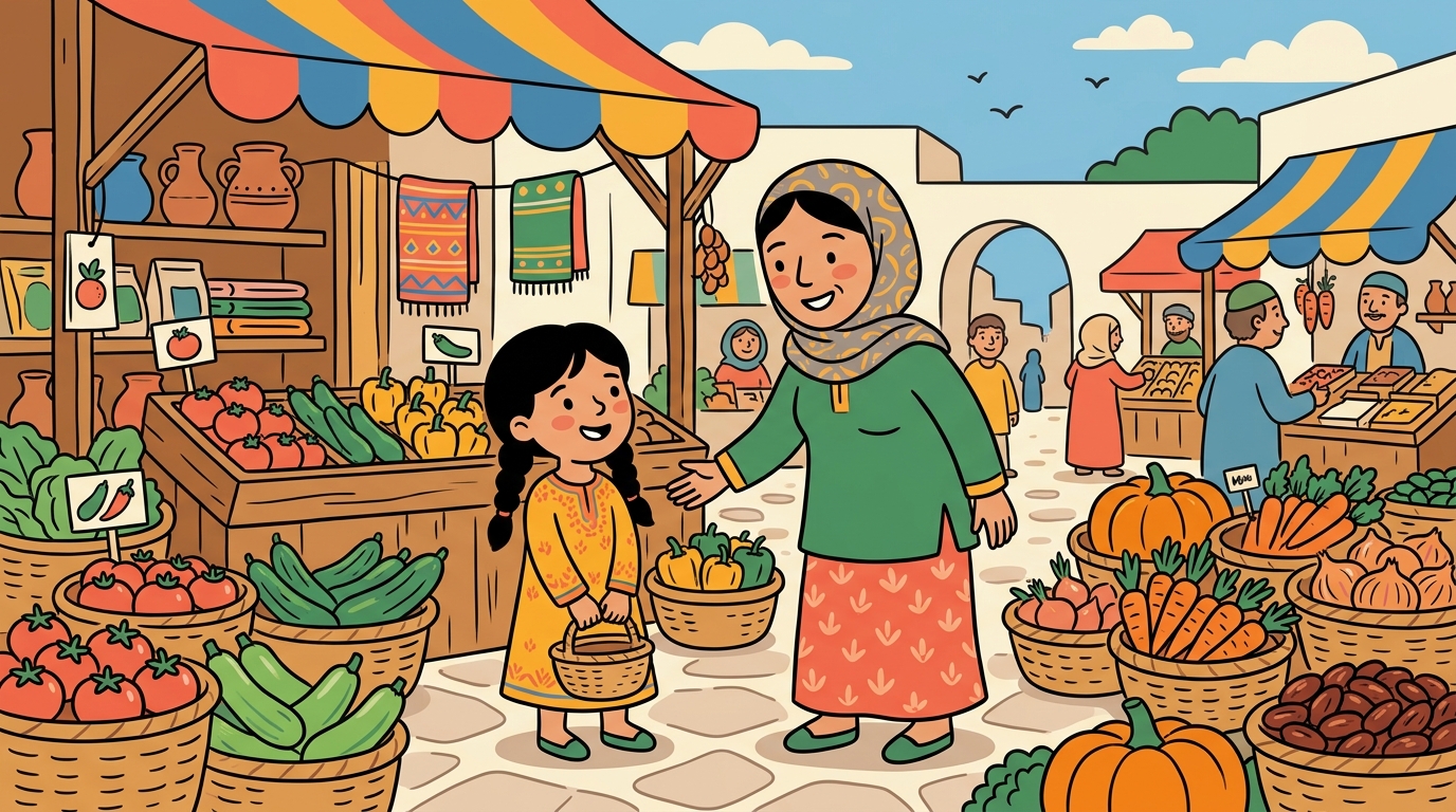 Nour et sa maman font les courses ensemble au marché, la maman lui demandant de calculer le prix total à voix haute.