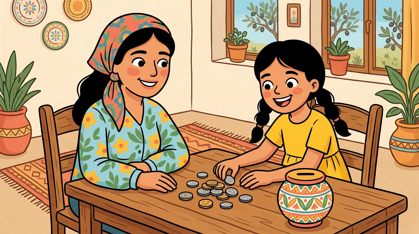 Nour et sa maman comptent ensemble des pièces sur la table, souriantes, une petite tirelire posée à côté.