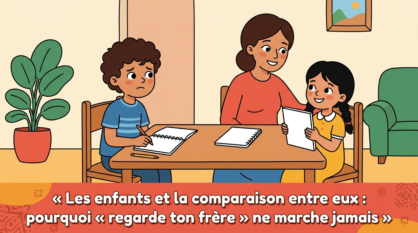 Yassine, assis à table avec ses devoirs, regarde avec une expression blessée sa sœur qui reçoit un compliment de leur maman.