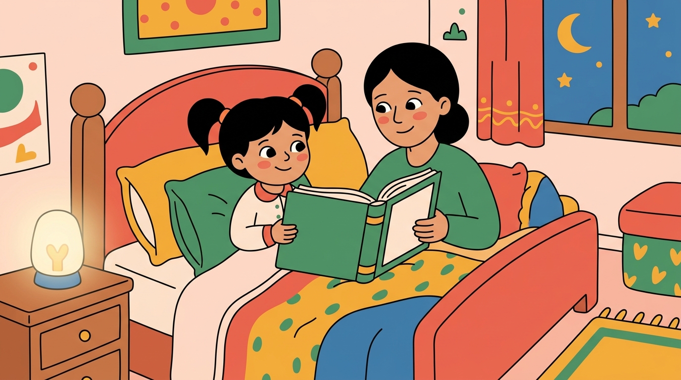 Nour et sa maman lisent une histoire ensemble avant le coucher, une veilleuse douce allumée sur la table de chevet, ambiance apaisante.