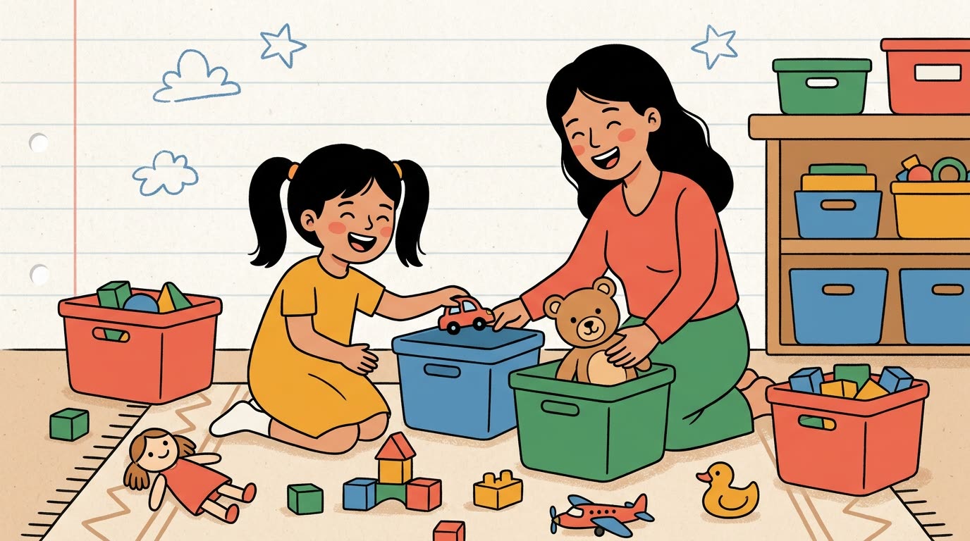 Nour et sa maman trient ensemble des jouets en riant, répartissant chaque objet dans le bon panier coloré, ambiance ludique.