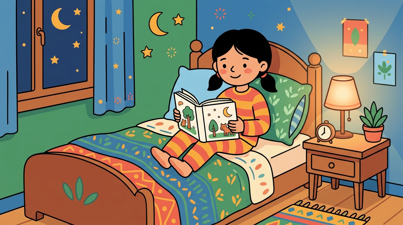 Nour, en pyjama, lit un livre illustré sous une petite lampe de chevet chaude, dans une ambiance douce et apaisante.