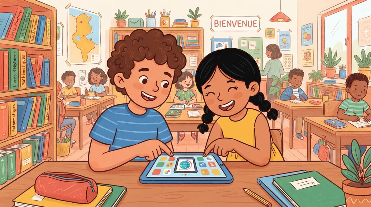 Yassine et Nour touchent ensemble l'icône de leur outil numérique préféré, souriant devant la tablette.