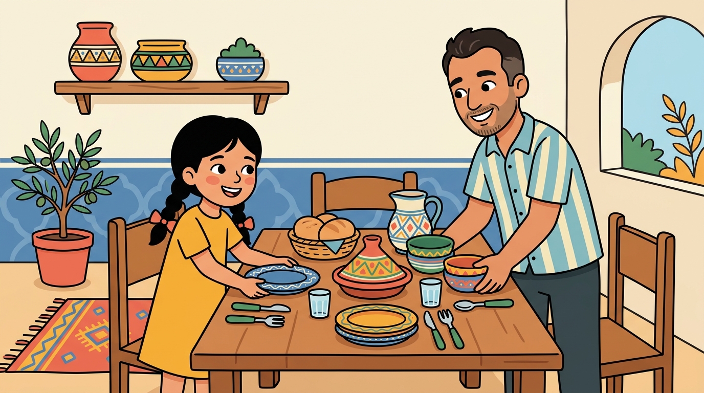 Nour aide à mettre la table avec son papa, tous deux souriants, en préparation d'un repas familial convivial.