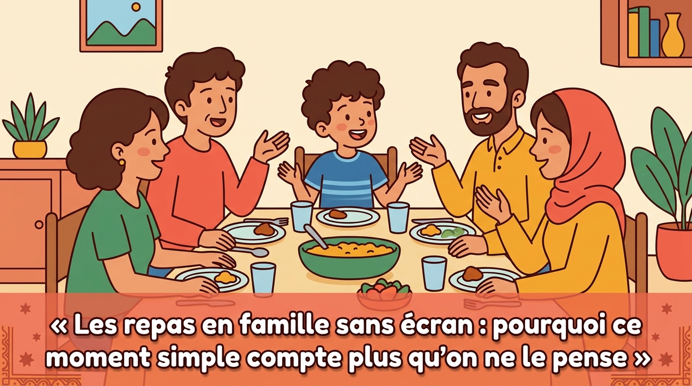 Yassine et sa famille mangent ensemble à table, en pleine conversation animée, aucun écran visible, ambiance chaleureuse.