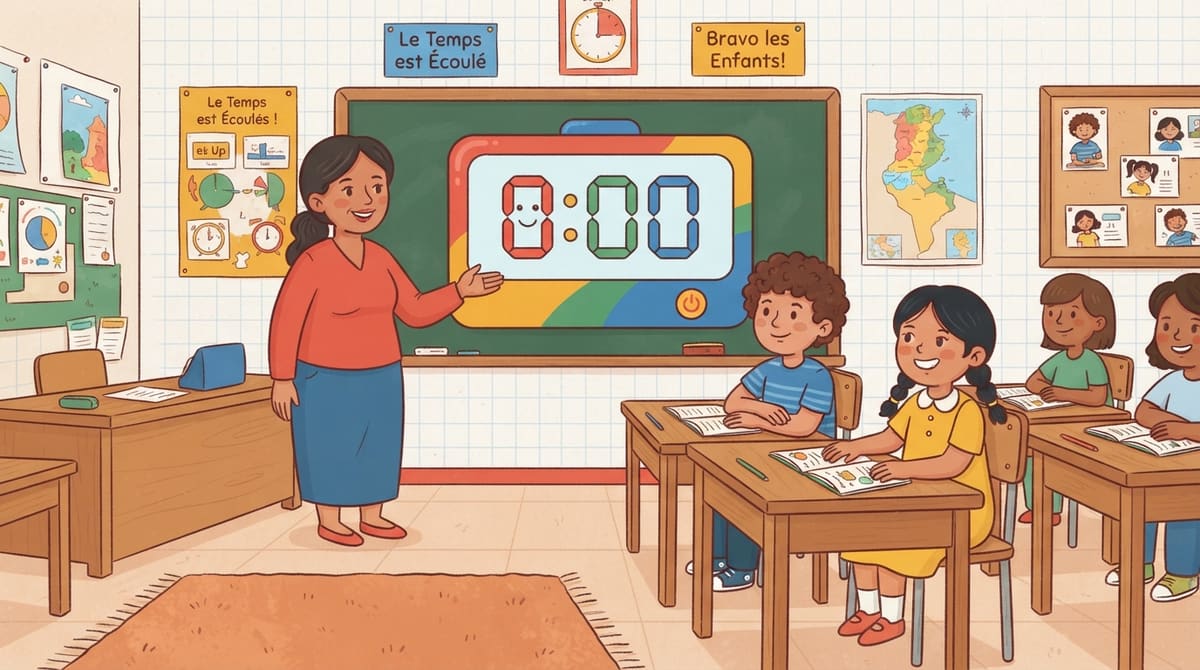 Une enseignante sourit en voyant le minuteur géant coloré arriver à zéro, élèves stylisés calmes et fiers.