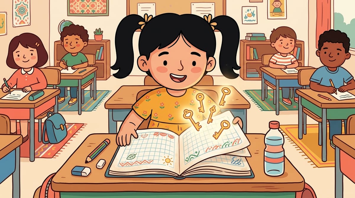 Nour ouvre son cahier où les cinq petites clés dorées illuminent désormais toute la page.