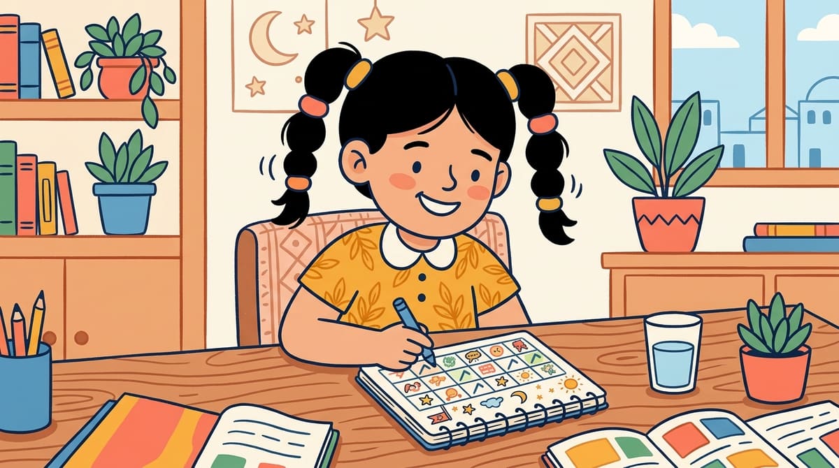 Nour coche joyeusement la dernière case de son calendrier illustré, sourire de satisfaction.