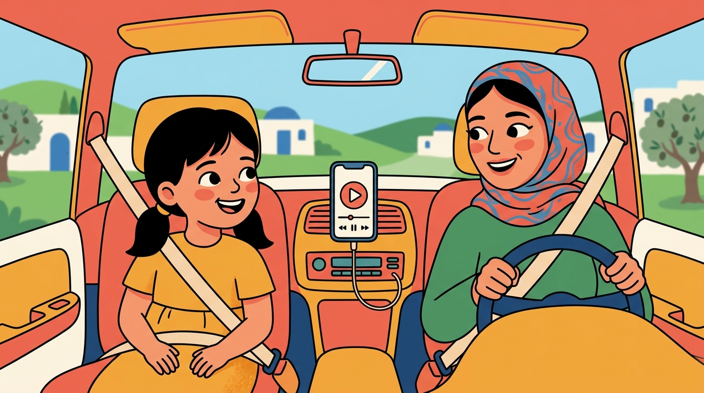 Nour et sa maman écoutent ensemble un podcast dans la voiture, souriantes et attentives, pendant un trajet.