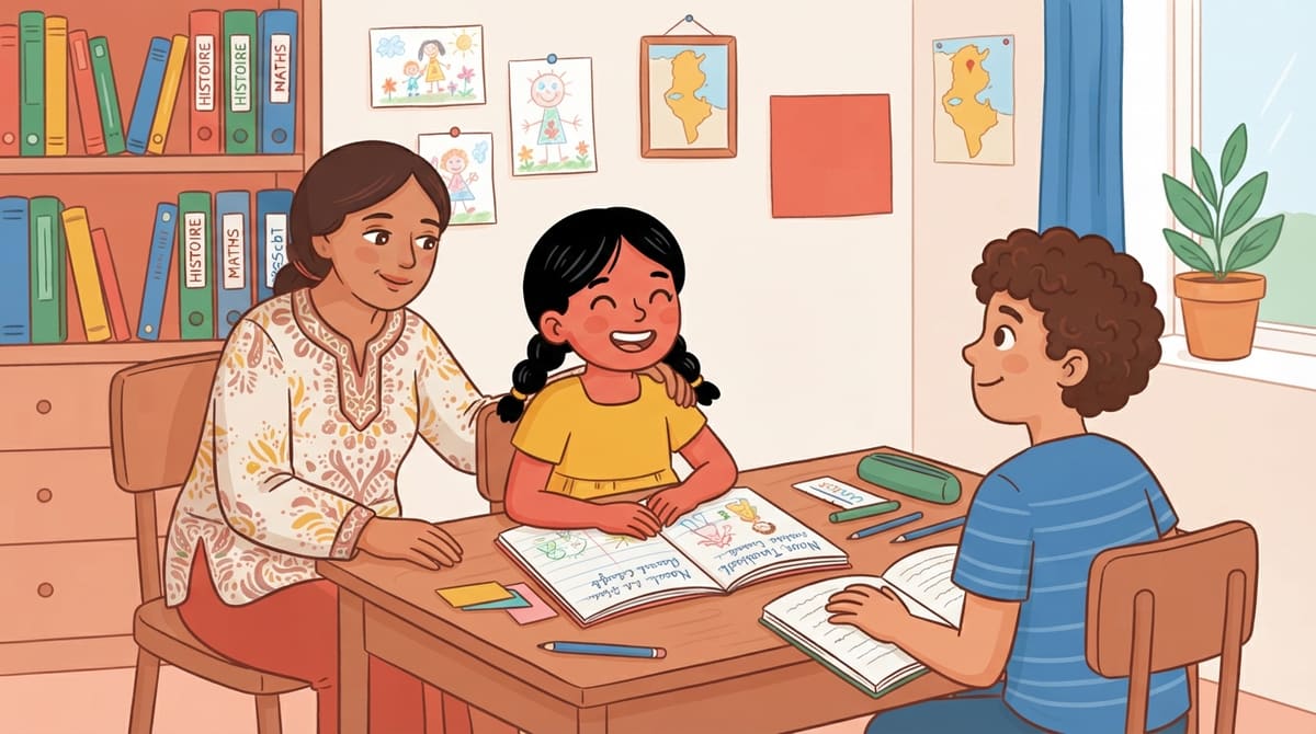 Nour sourit à nouveau, cahier rouvert, un parent l'encourage d'un geste doux et chaleureux.