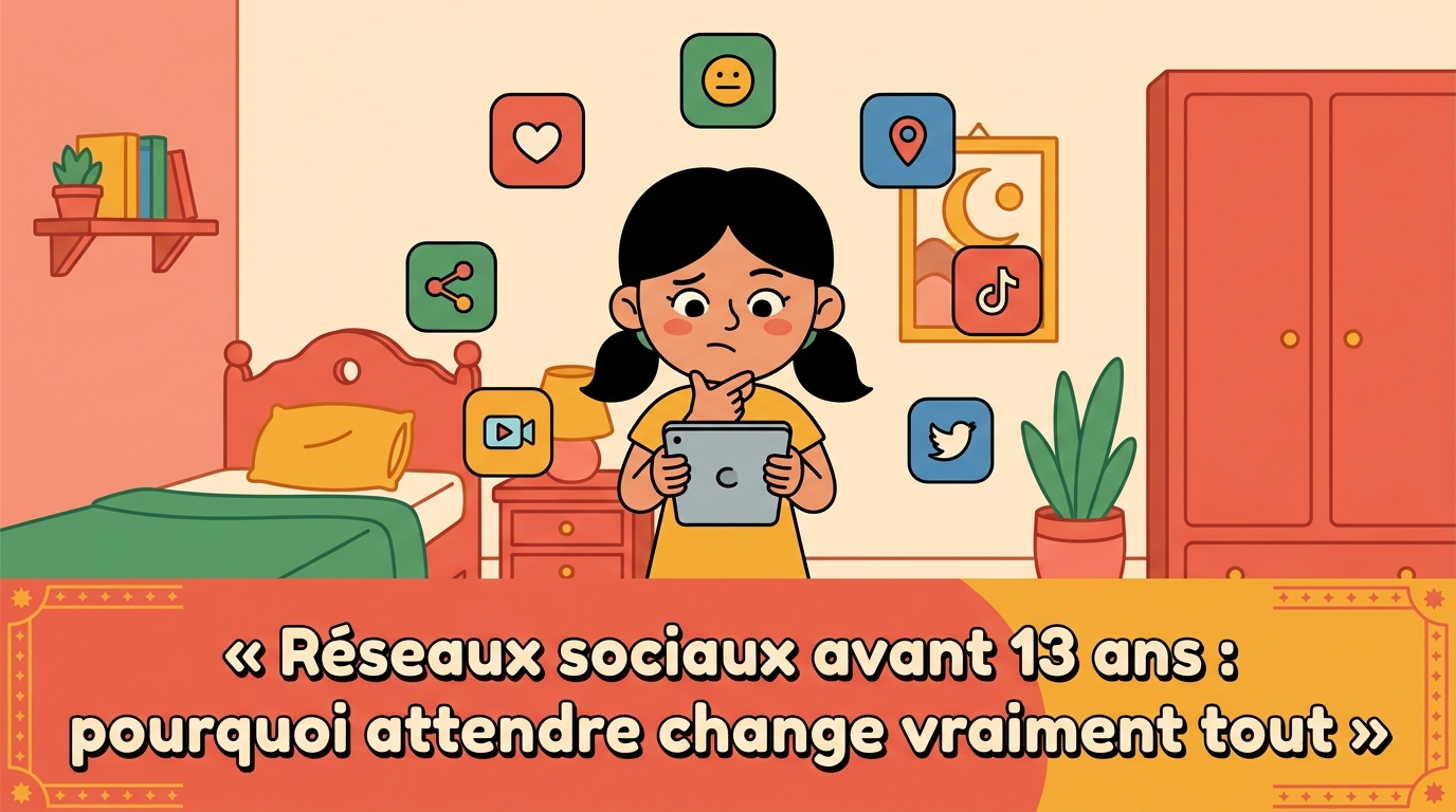 Nour, tablette en main, regarde un écran avec une expression pensive, entourée de petites icônes de réseaux sociaux abstraites et colorées.