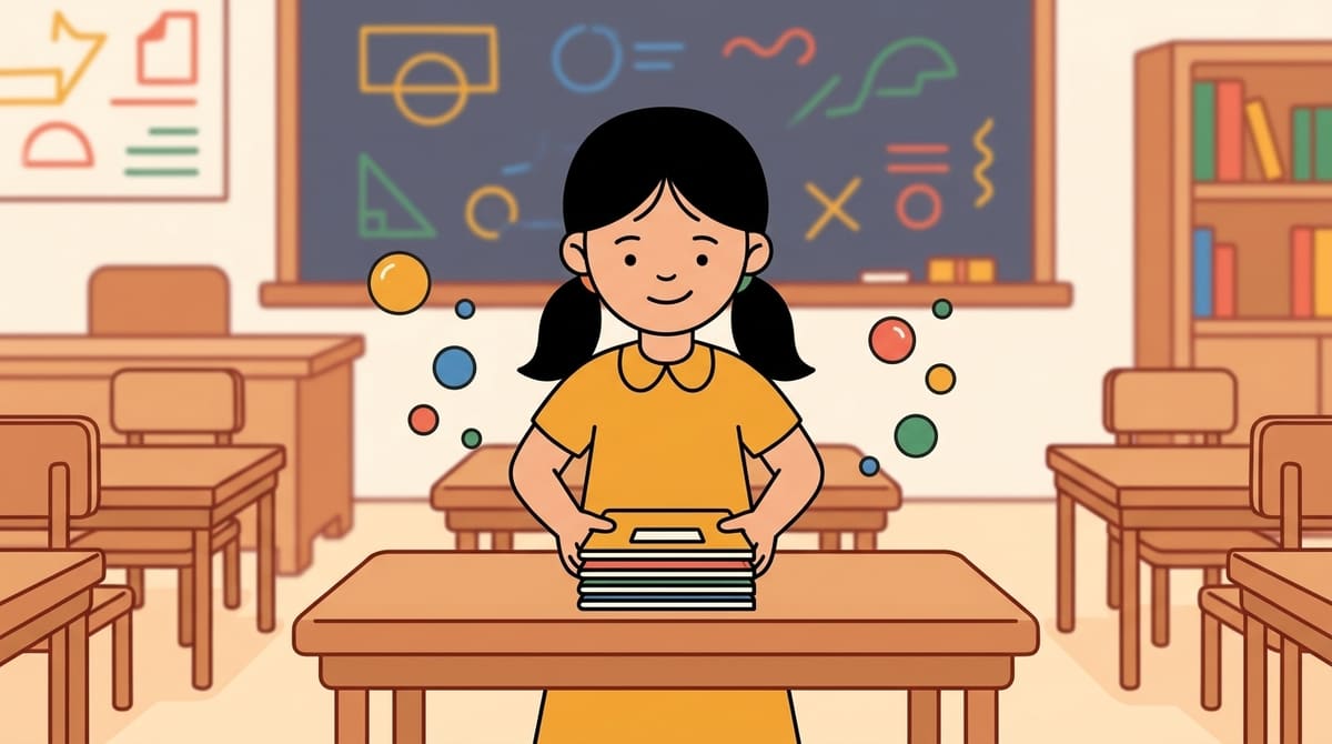 Nour range calmement ses cahiers en pile, sourire serein, petites bulles apaisées s'effaçant doucement autour d'elle.