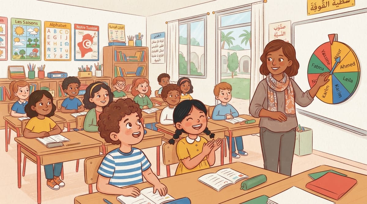 Une enseignante sourit en désignant l'élève choisi par la roue colorée, classe amusée et attentive.