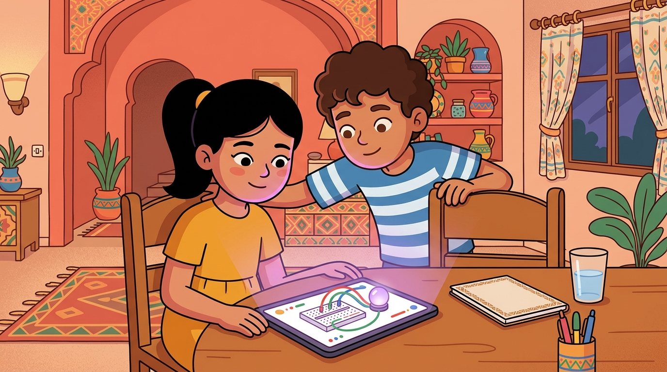 À la maison, Nour pose des fils sur une plaque d'essai simulée sur sa tablette : une lumière violette s'allume sous le regard de Yassine.