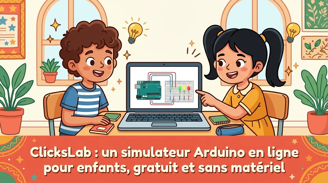 Yassine et Nour, deux élèves, devant un ordinateur portable qui affiche une carte compatible Arduino reliée à une plaque d'essai où brillent trois LED.