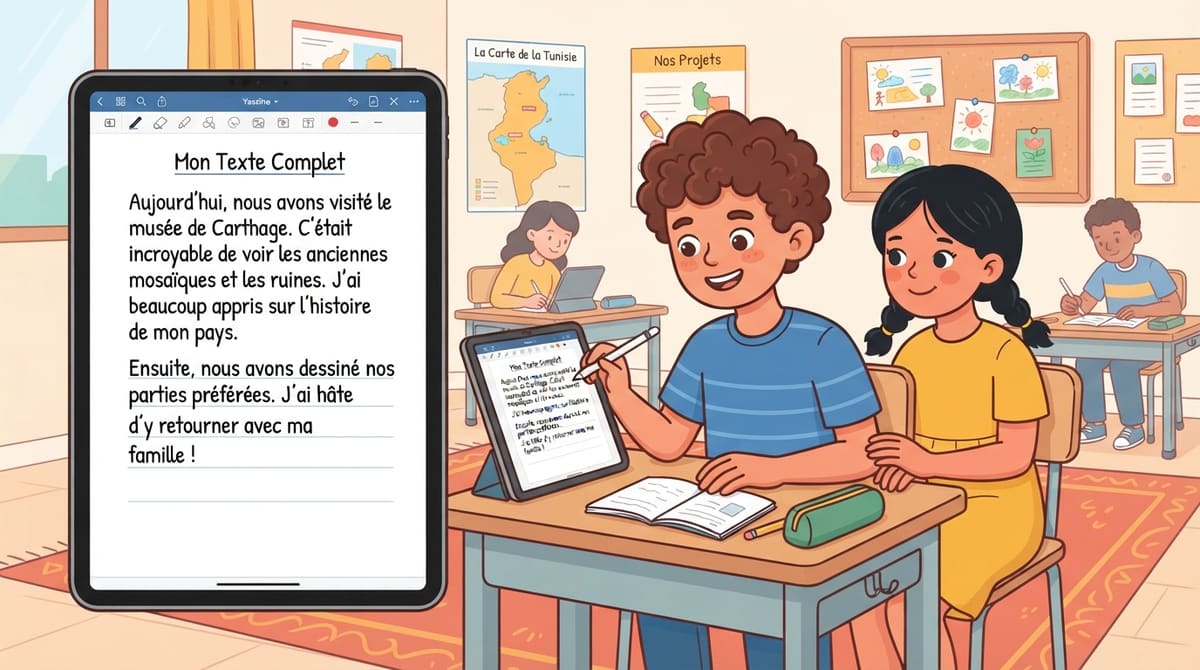 Yassine relit fièrement son texte terminé à l'écran, sourire satisfait, feuille stylisée bien remplie.