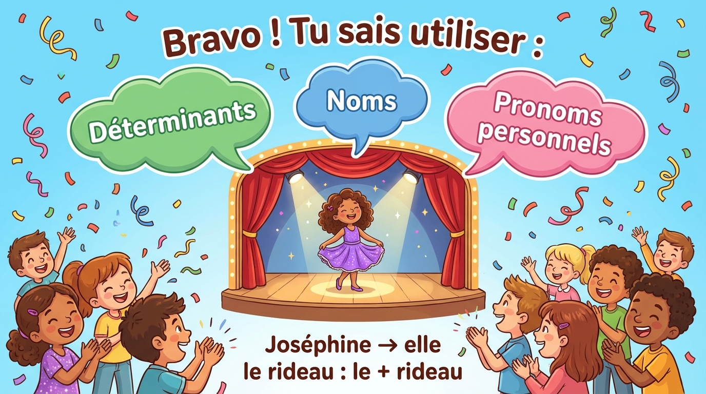 Bravo, tu sais utiliser les déterminants, les noms et les pronoms personnels !
