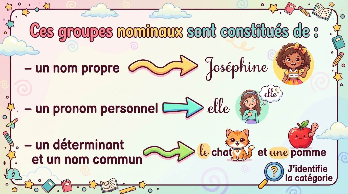Ces groupes nominaux sont constitués d'un nom propre, d'un pronom personnel, ou d'un déterminant et d'un nom commun