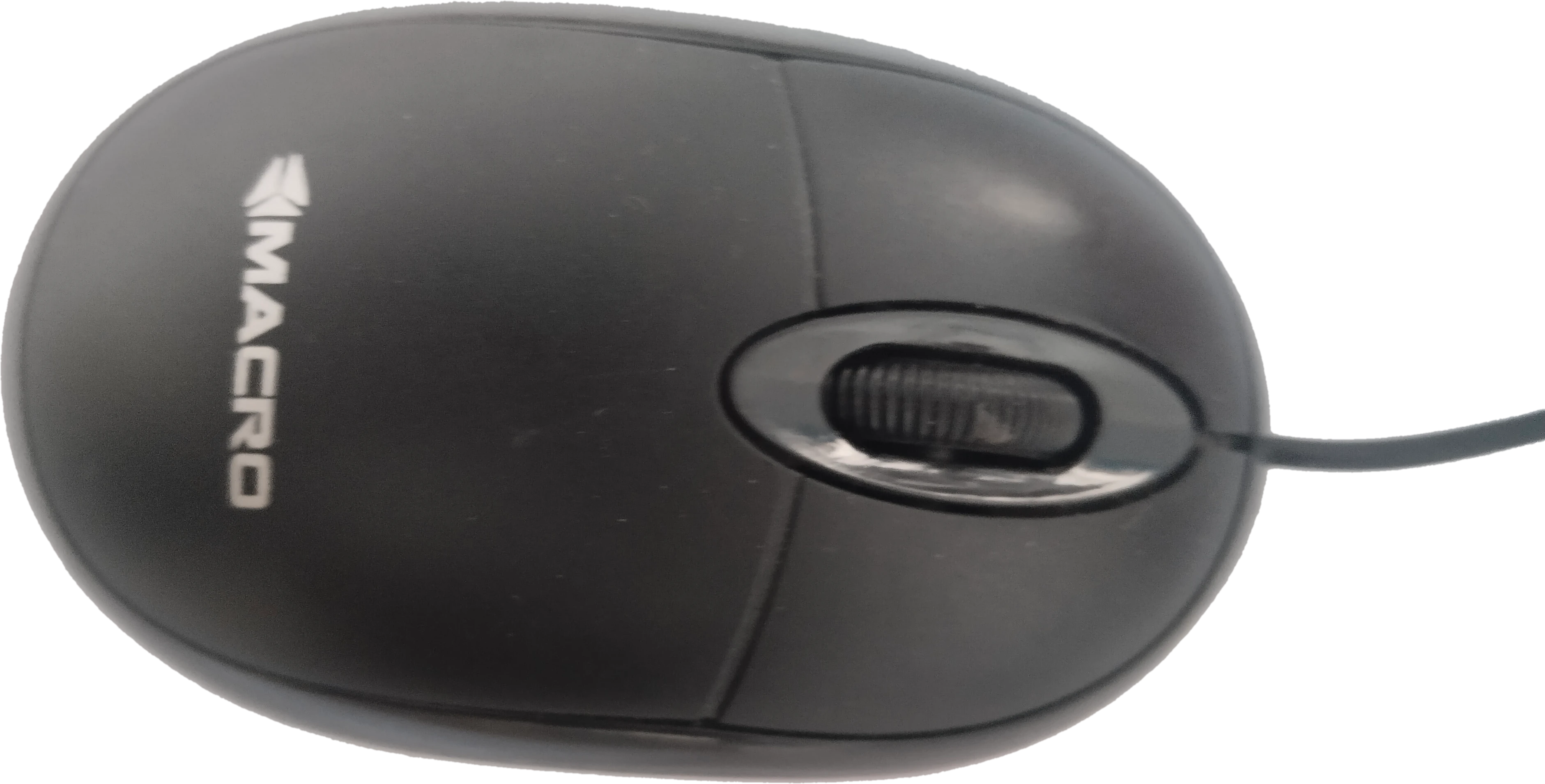 Une souris noire à deux boutons et une molette, vue de dessus, sans fond